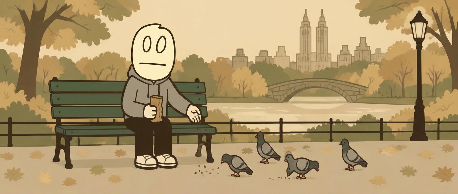 BORING on a green bench in Central Park scattering seeds to pigeons, autumn trees and the city skyline behind him