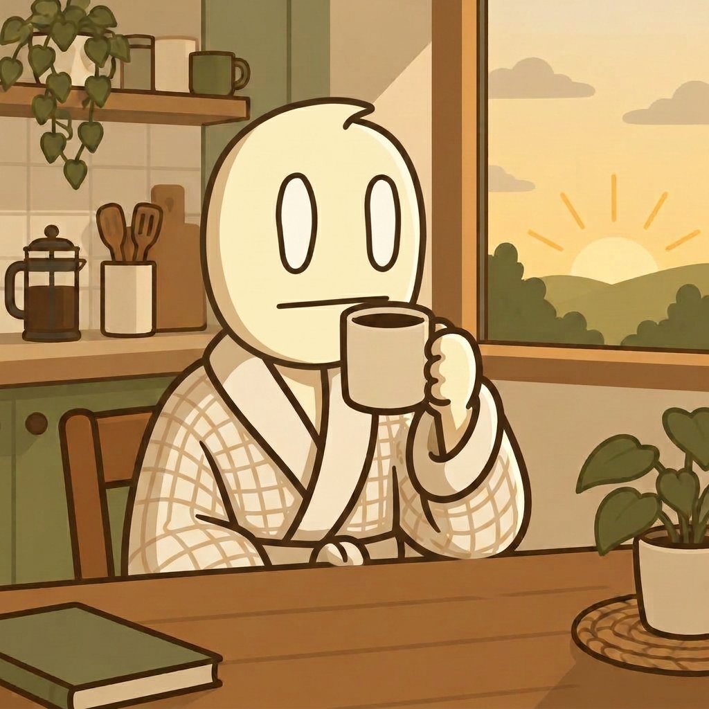 BORING drinking coffee in a bathrobe