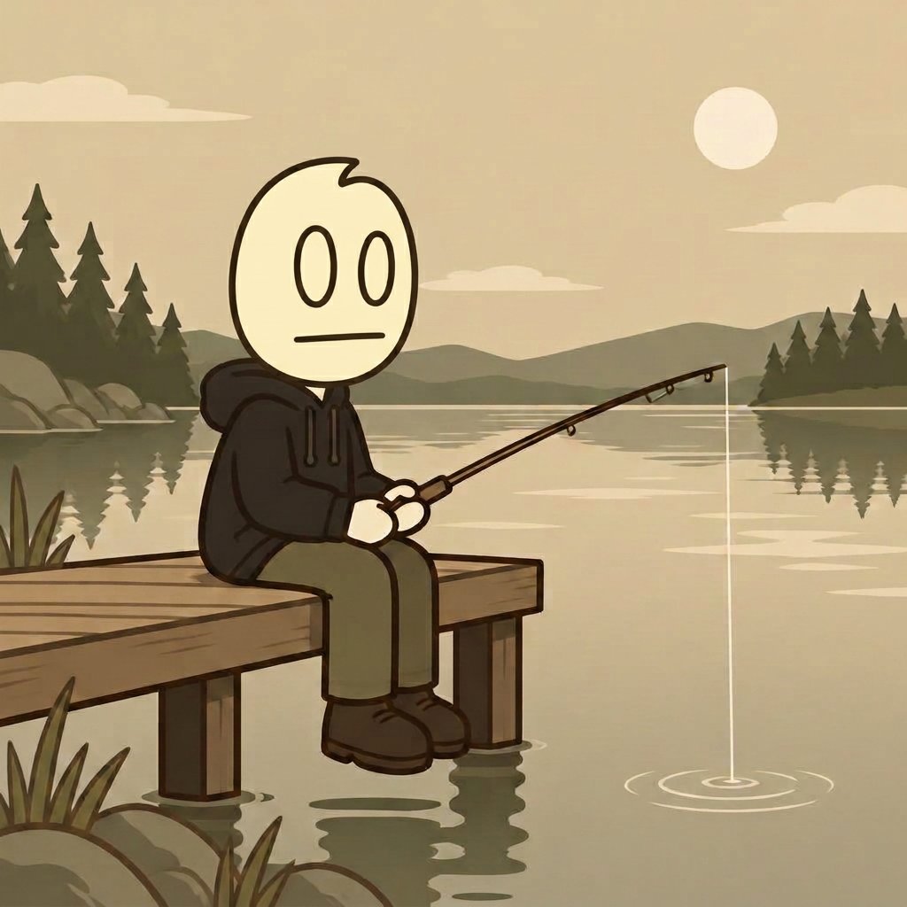 BORING fishing from a dock on a still lake