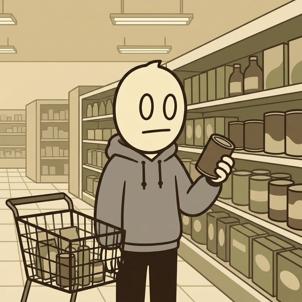 BORING in a supermarket aisle looking at a plain can beside his shopping cart