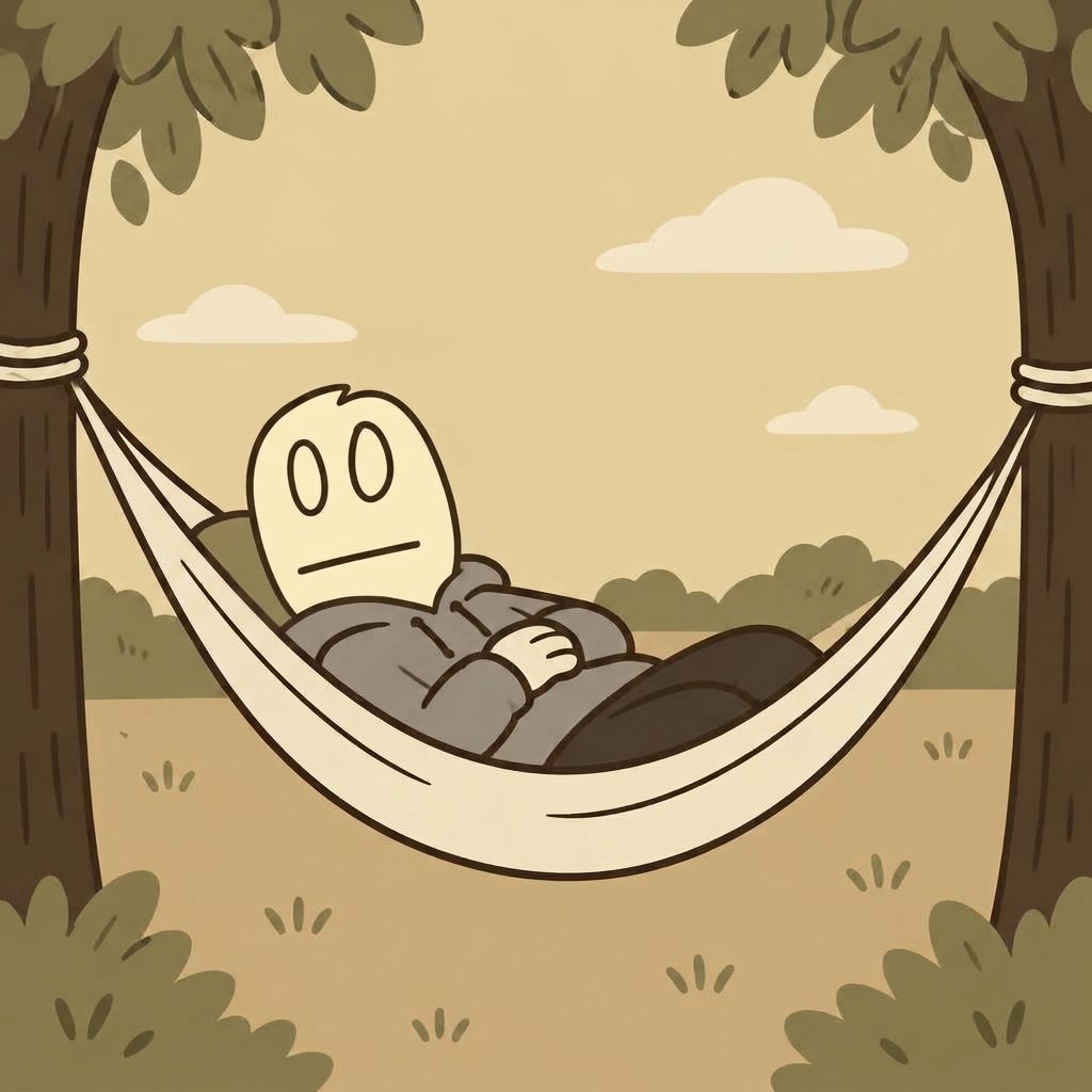 BORING lying in a hammock between two trees, hands folded, staring at the sky